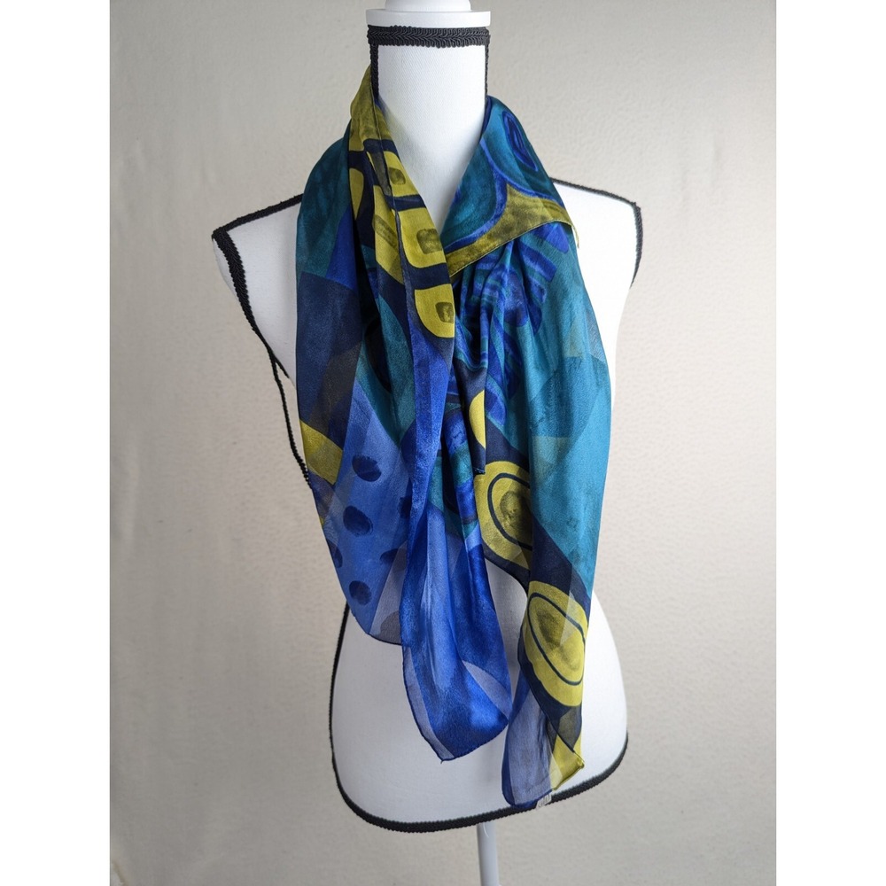 Volvo Scarf Poly Made In‎ Italy Blue Yellow Square 33x35 Artsy Geometric - Picture 2 of 6
